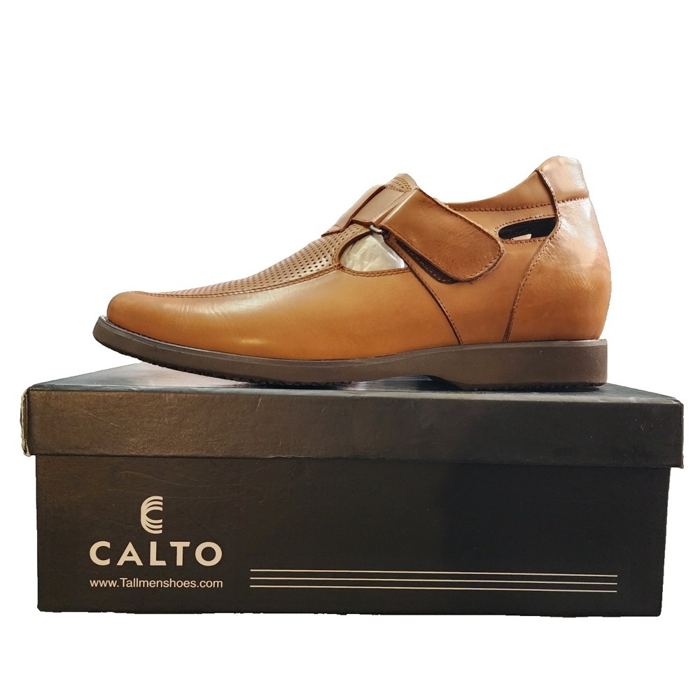 CALTO® T9087-11 (MEN'S 11 M) Brown Leather Height-Increasing Sandals 2.8" Taller